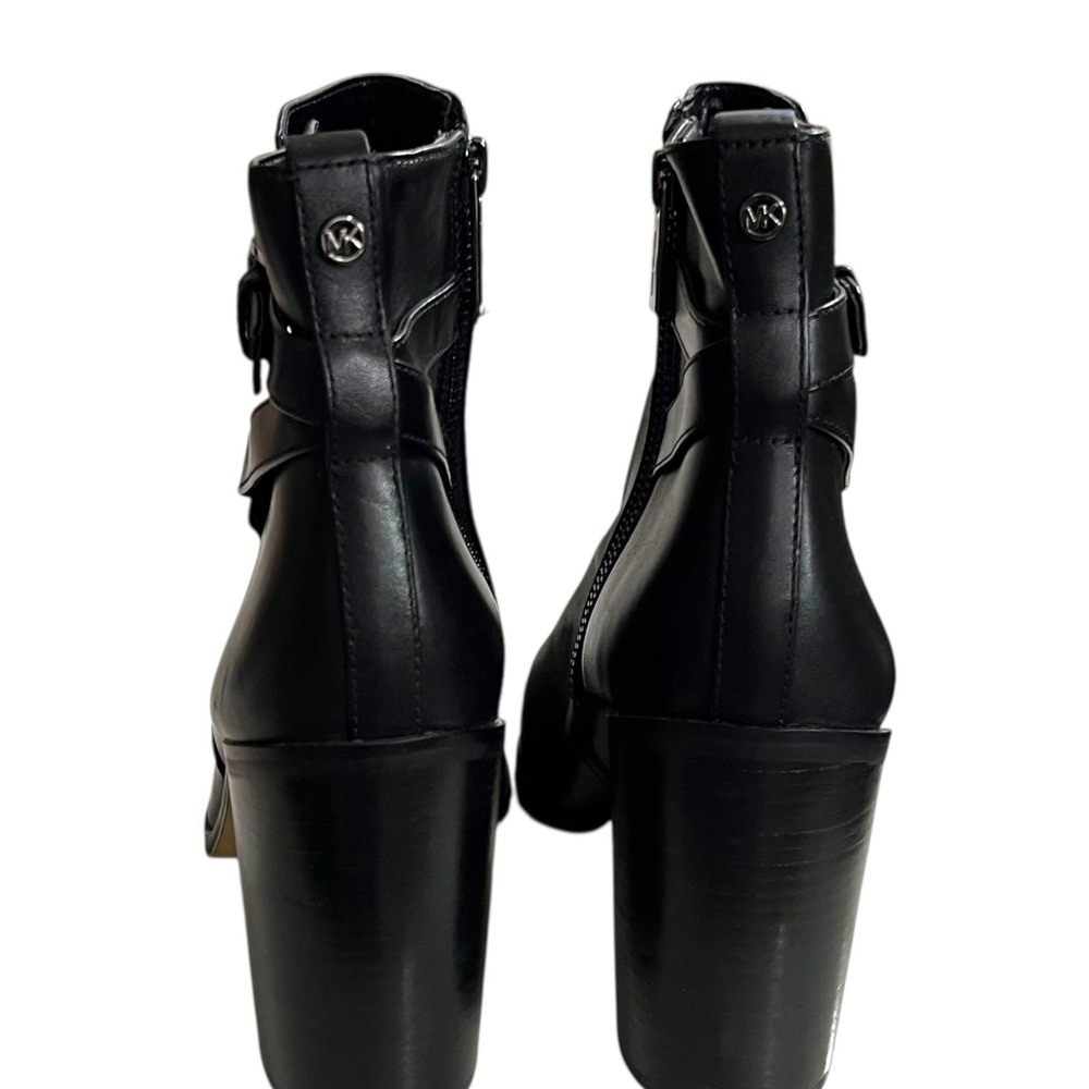 Michael Kors Black Leather Buckle Ankle Boots Block Heel Side Zip Womens 9M - Picture 3 of 7